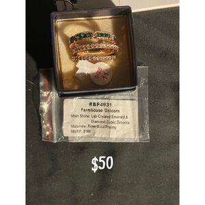 Farmhouse Unicorn Rose Gold Emerald & Diamond Ring Set